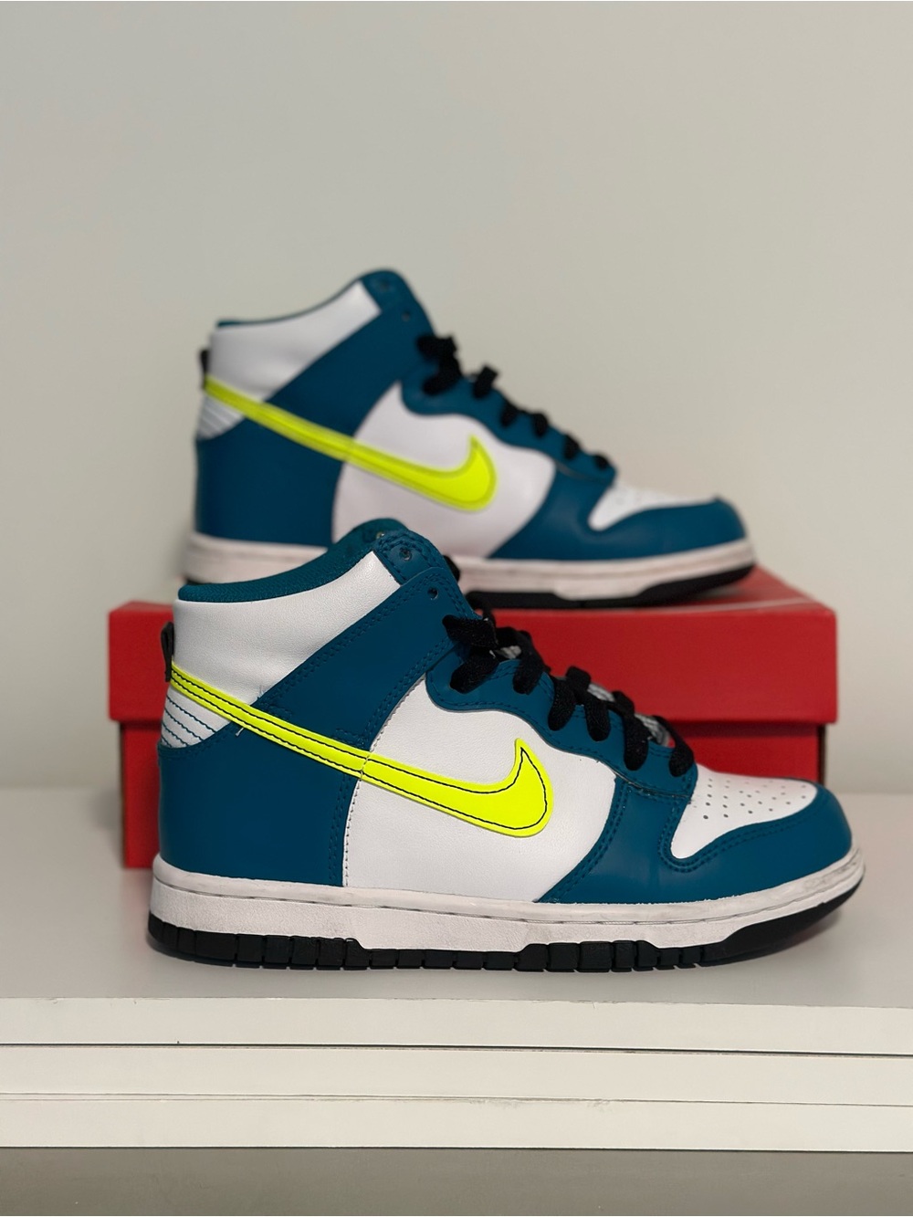 Nike Dunk High Teal White with Neon Yellow Swoosh
